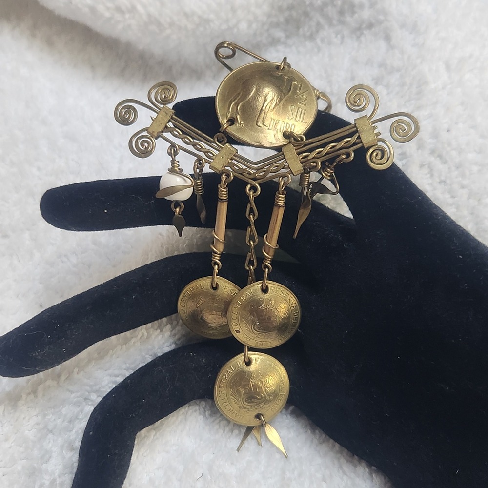 Vintage Peruvian Coin Brooch Brass Folk Art Sol De Oro Dangle Pin Peru Jewelry